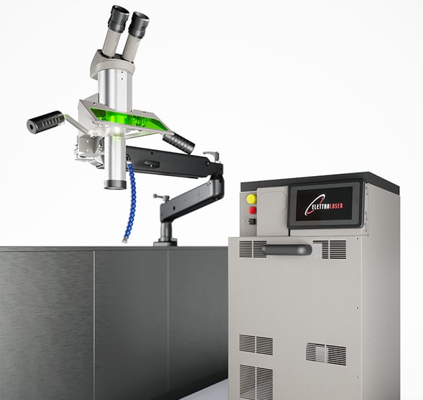 Combo 200 - High-performance floor-standing laser welder with a movable head on an independent wheeled carriage for versatile work on molds and complex components.