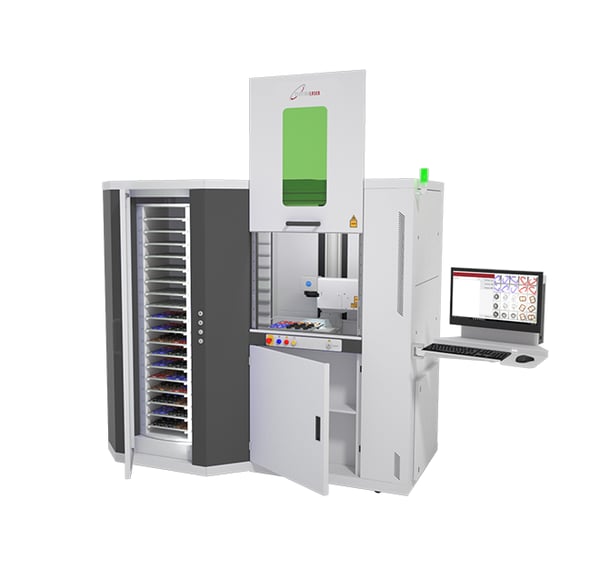 Luxmark W72 - Marcatura e microtaglio su larga scala con gestione automatica di 72 pallet e possibilità di integrazione con braccio robotico per flussi completamente automatizzati.